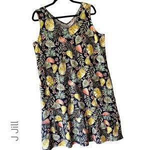 J JILL | NWOT SLEEVELESS TROPICAL FRUIT PRINT DRESS RUFFLE FLOUNCE HEM | MEDIUM